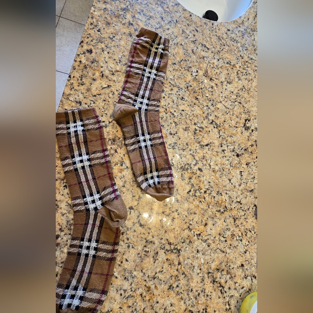 Burberry Brown Plaid Socks with Black and White Accents
